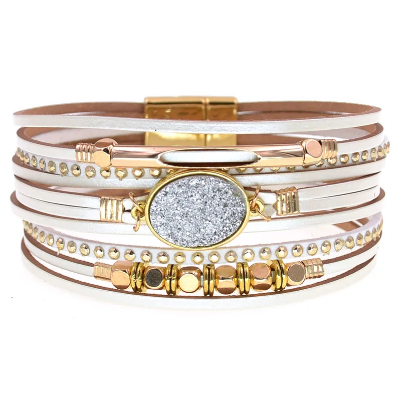 WELLMORE New Leather Bracelets for Women BOHO Charm Bracelets Gold Alloy Metal Female Jewelry Wholesale Dropshipping