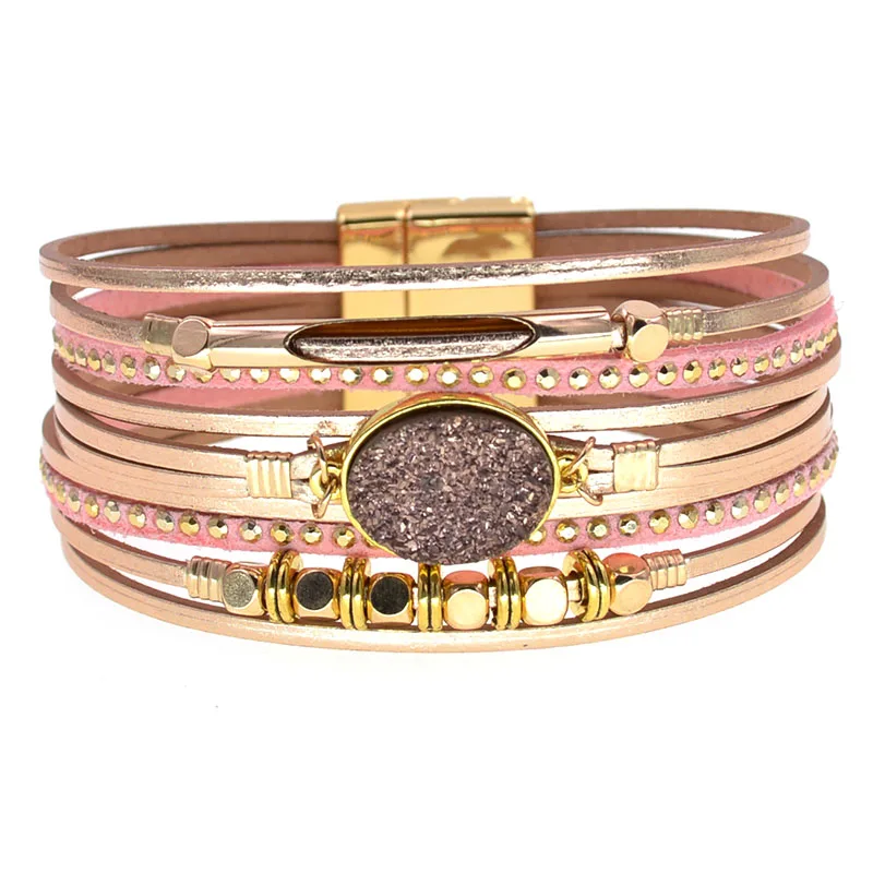 WELLMORE New Leather Bracelets for Women BOHO Charm Bracelets Gold Alloy Metal Female Jewelry Wholesale Dropshipping