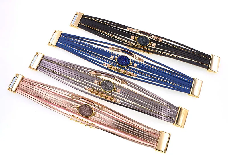 WELLMORE New Leather Bracelets for Women BOHO Charm Bracelets Gold Alloy Metal Female Jewelry Wholesale Dropshipping