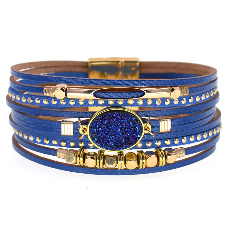 WELLMORE New Leather Bracelets for Women BOHO Charm Bracelets Gold Alloy Metal Female Jewelry Wholesale Dropshipping