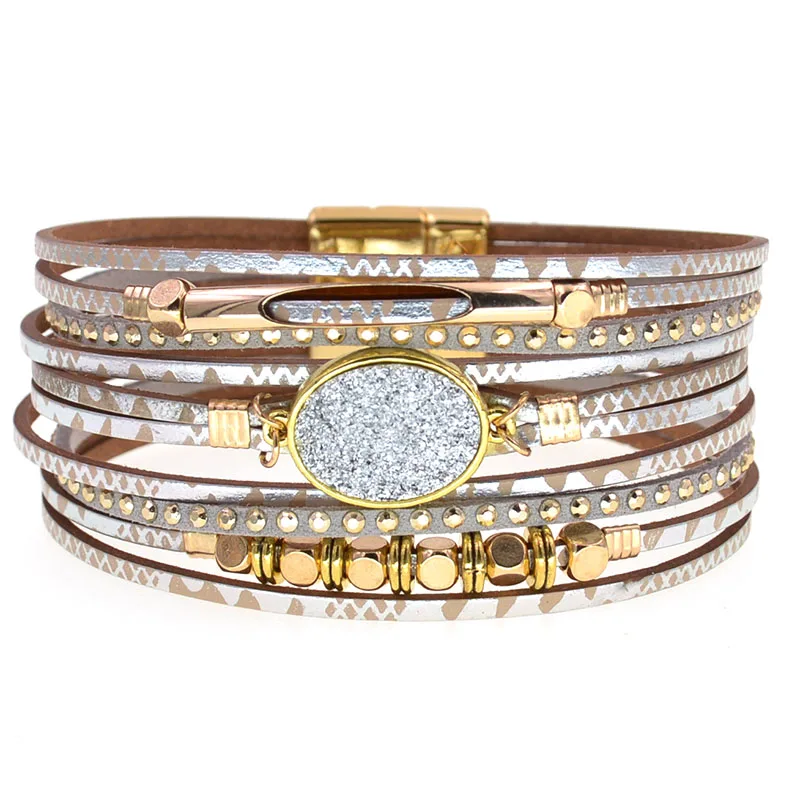 WELLMORE New Leather Bracelets for Women BOHO Charm Bracelets Gold Alloy Metal Female Jewelry Wholesale Dropshipping