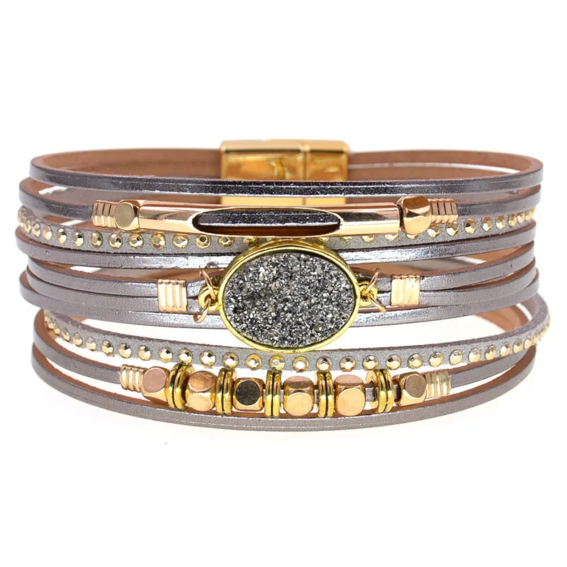 WELLMORE New Leather Bracelets for Women BOHO Charm Bracelets Gold Alloy Metal Female Jewelry Wholesale Dropshipping
