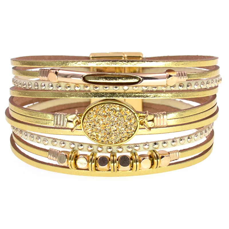 WELLMORE New Leather Bracelets for Women BOHO Charm Bracelets Gold Alloy Metal Female Jewelry Wholesale Dropshipping