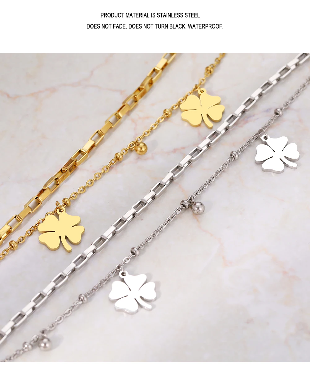Stainless Steel Bracelets Trendy Fine Bell Clovers Pendant Beads Layer Chain Fashion Bracelet For Women Jewelry Festival Gifts