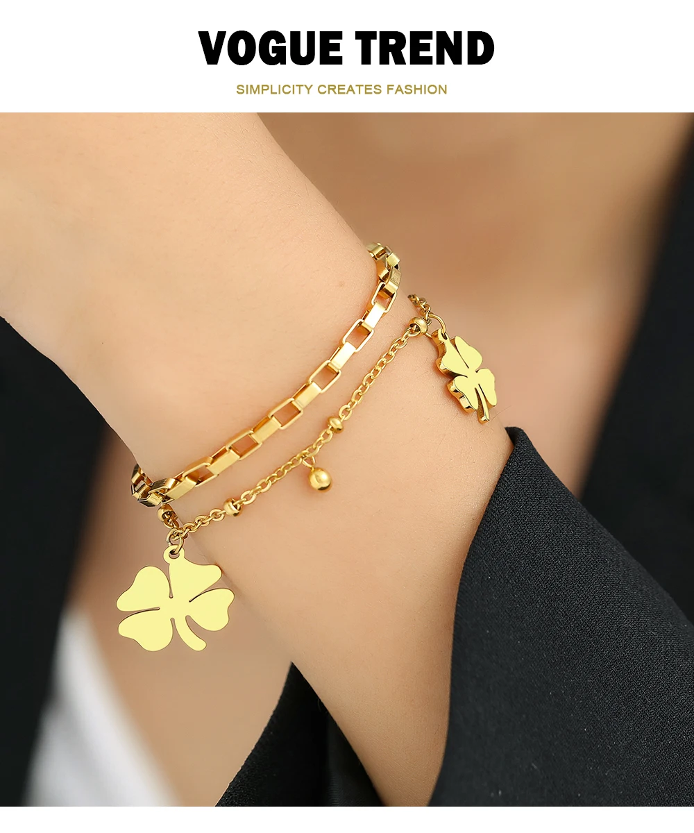 Stainless Steel Bracelets Trendy Fine Bell Clovers Pendant Beads Layer Chain Fashion Bracelet For Women Jewelry Festival Gifts