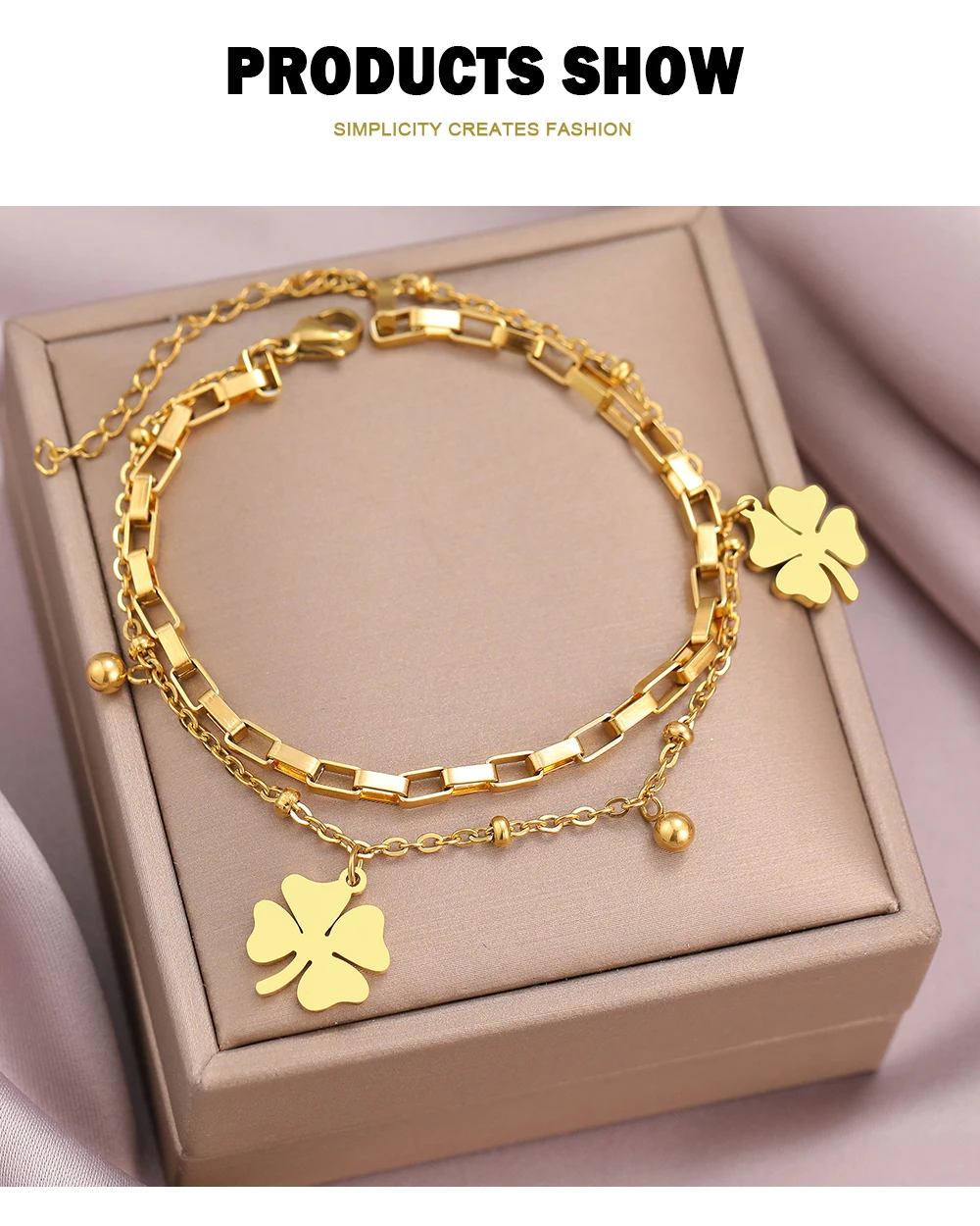Stainless Steel Bracelets Trendy Fine Bell Clovers Pendant Beads Layer Chain Fashion Bracelet For Women Jewelry Festival Gifts