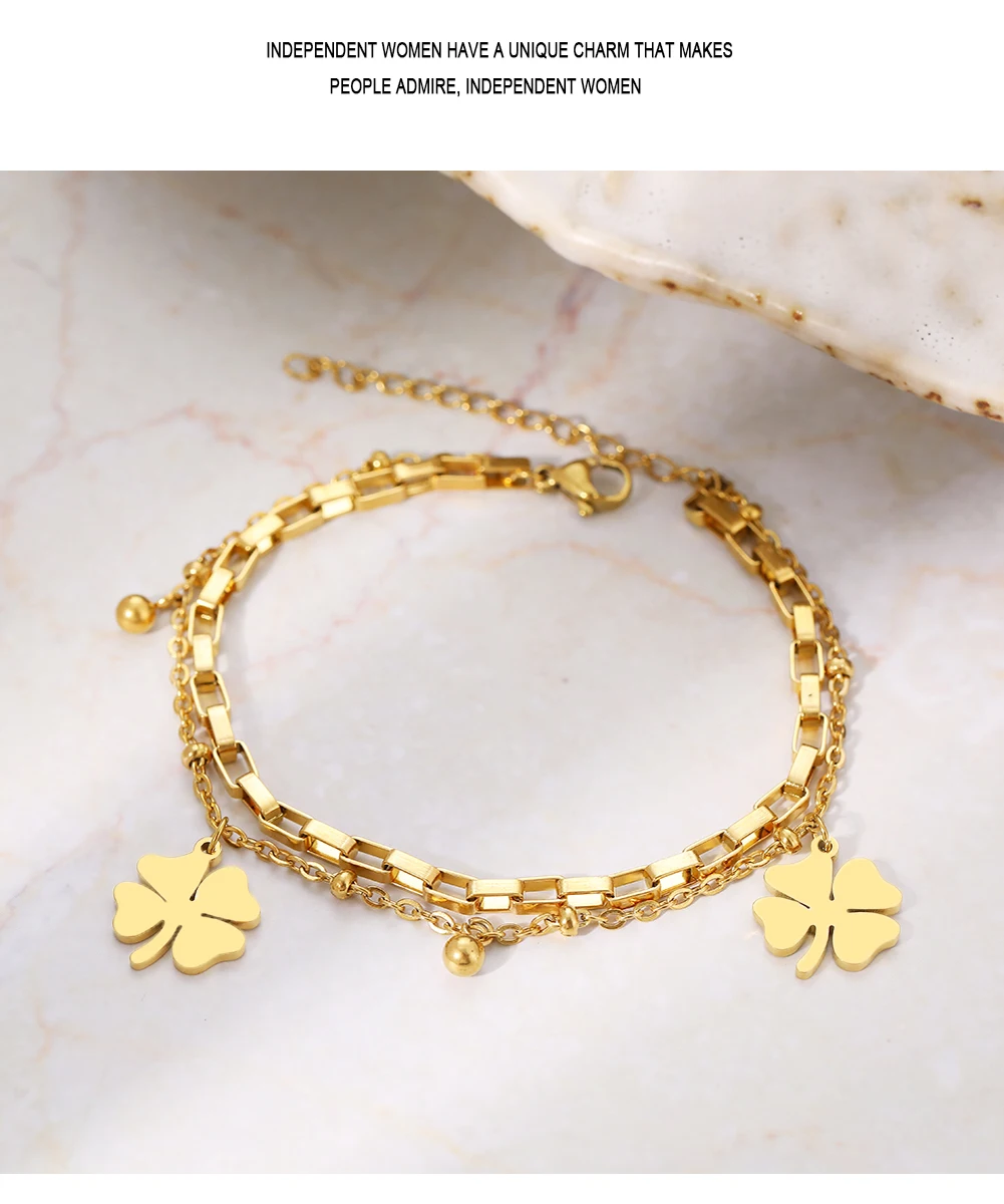 Stainless Steel Bracelets Trendy Fine Bell Clovers Pendant Beads Layer Chain Fashion Bracelet For Women Jewelry Festival Gifts