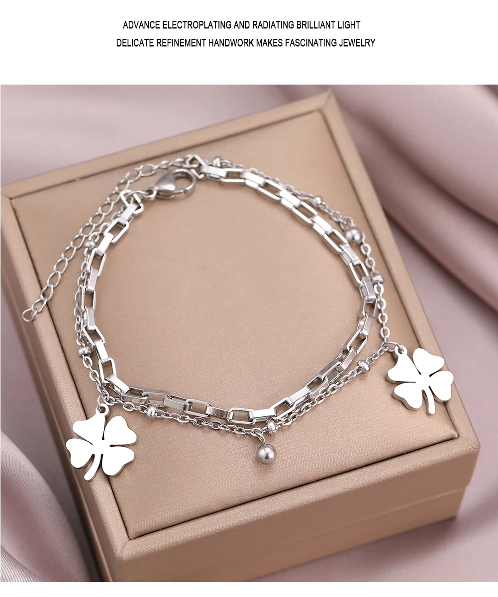 Stainless Steel Bracelets Trendy Fine Bell Clovers Pendant Beads Layer Chain Fashion Bracelet For Women Jewelry Festival Gifts