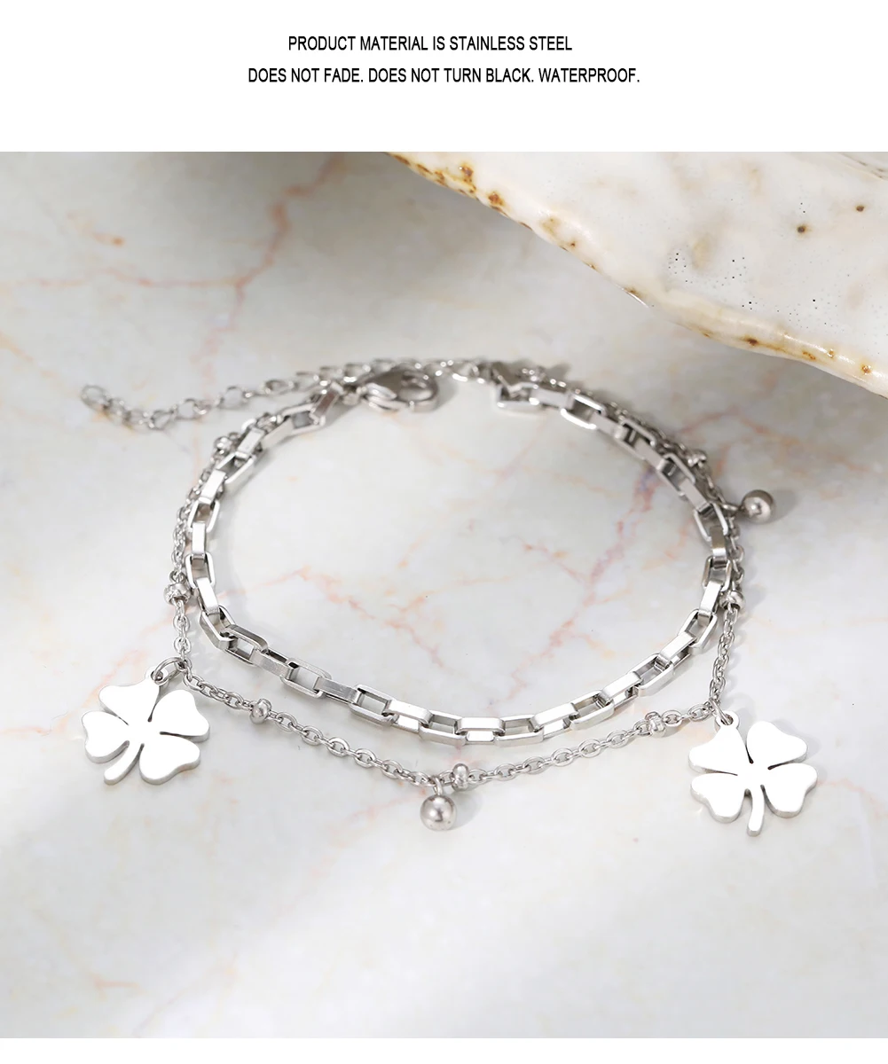 Stainless Steel Bracelets Trendy Fine Bell Clovers Pendant Beads Layer Chain Fashion Bracelet For Women Jewelry Festival Gifts