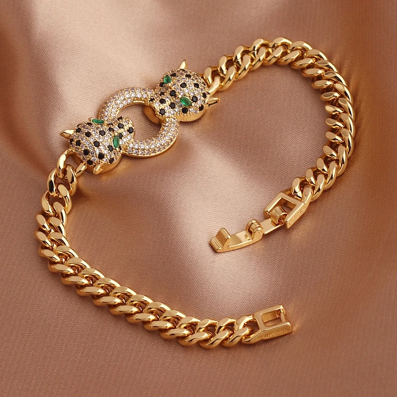 Classic Leopard Design Green Eye Hip Hop Cuban Chain Bracelet Black Cubic Zirconia Bracelet Party Jewelry Accessories