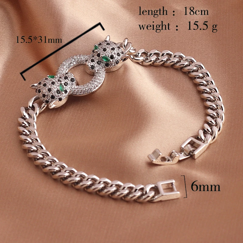 Classic Leopard Design Green Eye Hip Hop Cuban Chain Bracelet Black Cubic Zirconia Bracelet Party Jewelry Accessories