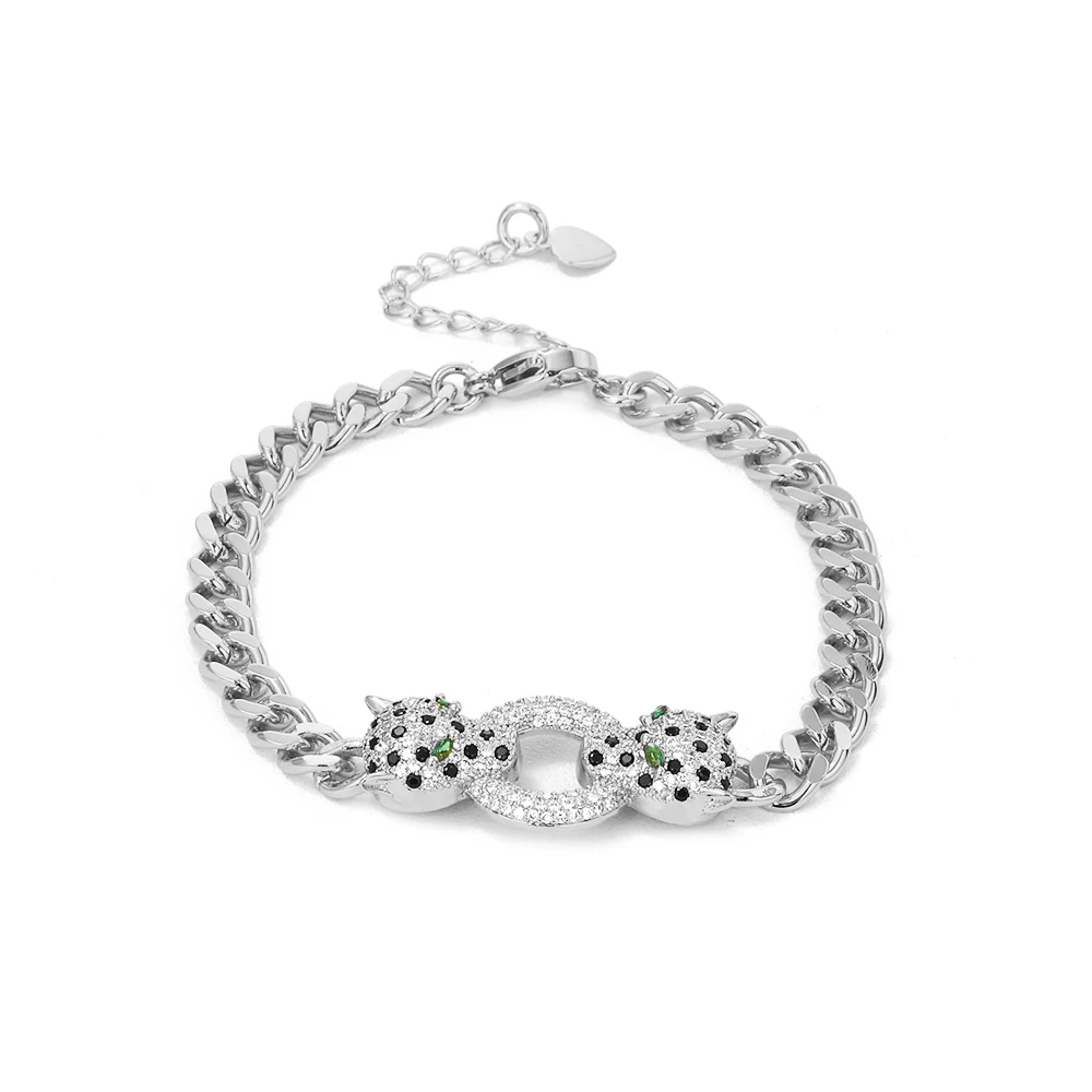 Classic Leopard Design Green Eye Hip Hop Cuban Chain Bracelet Black Cubic Zirconia Bracelet Party Jewelry Accessories
