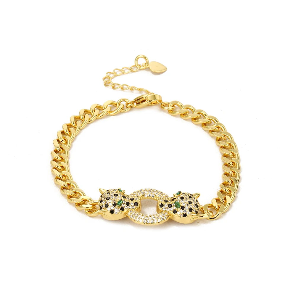 Classic Leopard Design Green Eye Hip Hop Cuban Chain Bracelet Black Cubic Zirconia Bracelet Party Jewelry Accessories