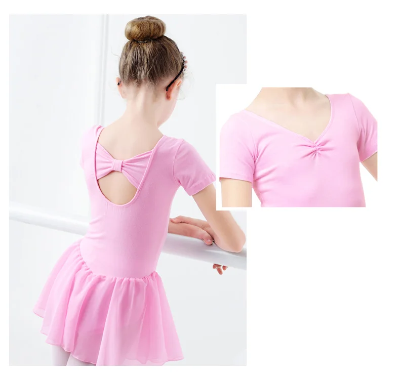 Ballet Dress Gymnastics Leotards for Girls Kids Short Sleeve Ballet Chiffon Skirted Leotards Bowknot Dancewear Ballet Bodysuits