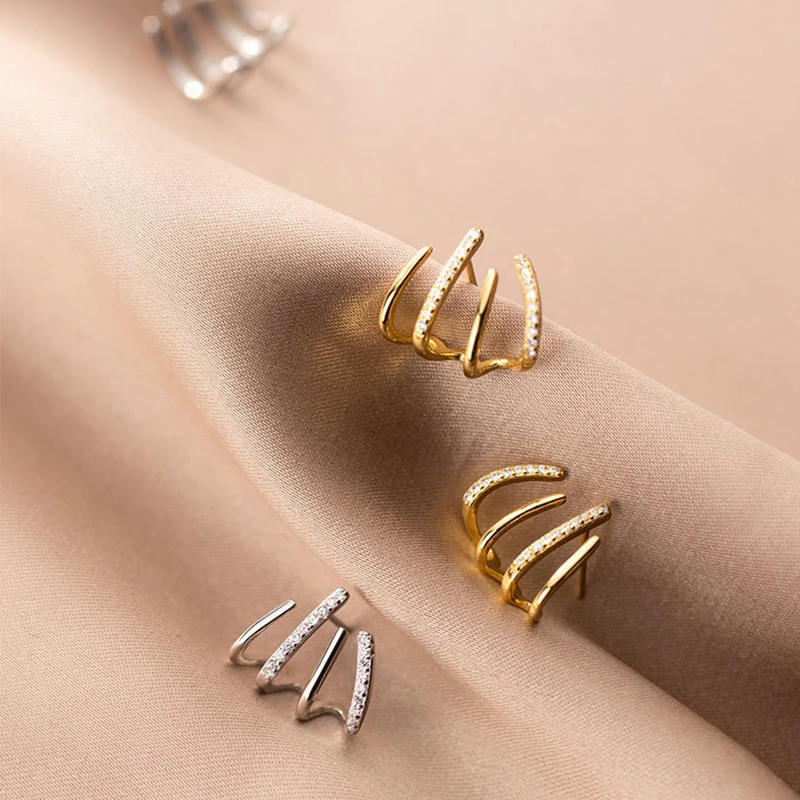 New Design Stainless Steel Cubic Zirconia Stud Earrings for Woman Claw Ear Hook Clip Korean Fashion Jewelry Unusual Girls