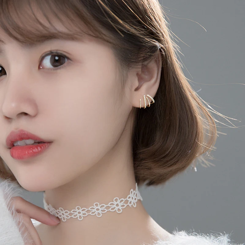 New Design Stainless Steel Cubic Zirconia Stud Earrings for Woman Claw Ear Hook Clip Korean Fashion Jewelry Unusual Girls