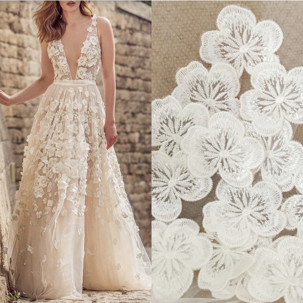 5Pcs White Embroidered Flowers Patches Fabric Applique Sewing Patch Repair For Wedding Bags Headwear Accessories DIY Crafts