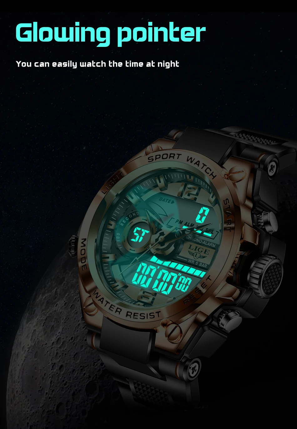 LIGE Men Military Watch Digital 50m Waterproof Wristwatch LED Quartz Clock Sport Watch Male Big Watches Men Relogios Masculino