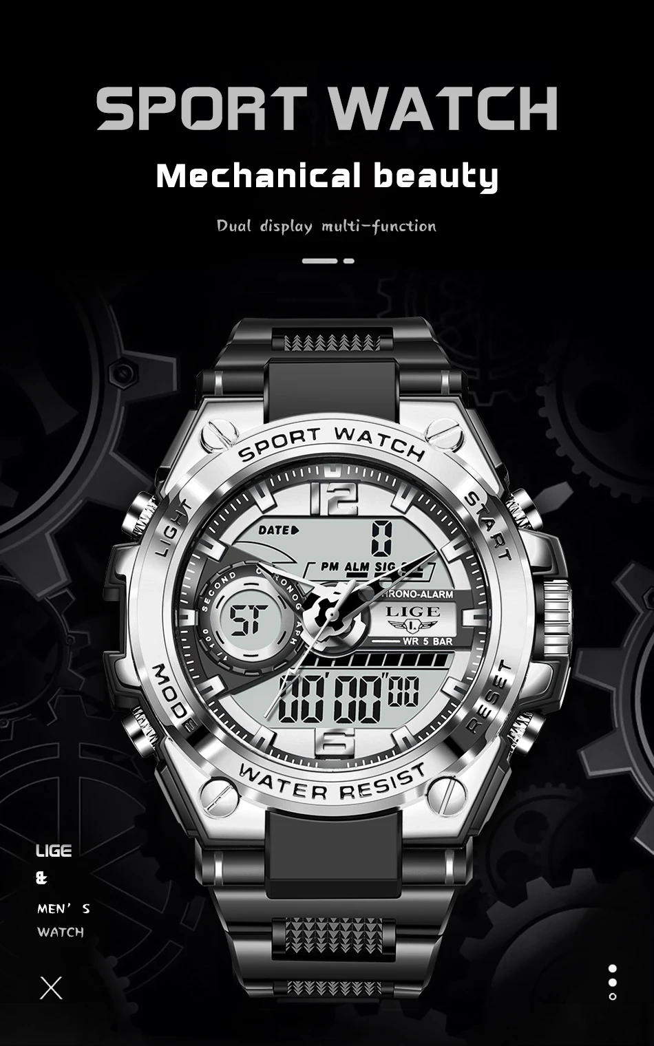 LIGE Men Military Watch Digital 50m Waterproof Wristwatch LED Quartz Clock Sport Watch Male Big Watches Men Relogios Masculino