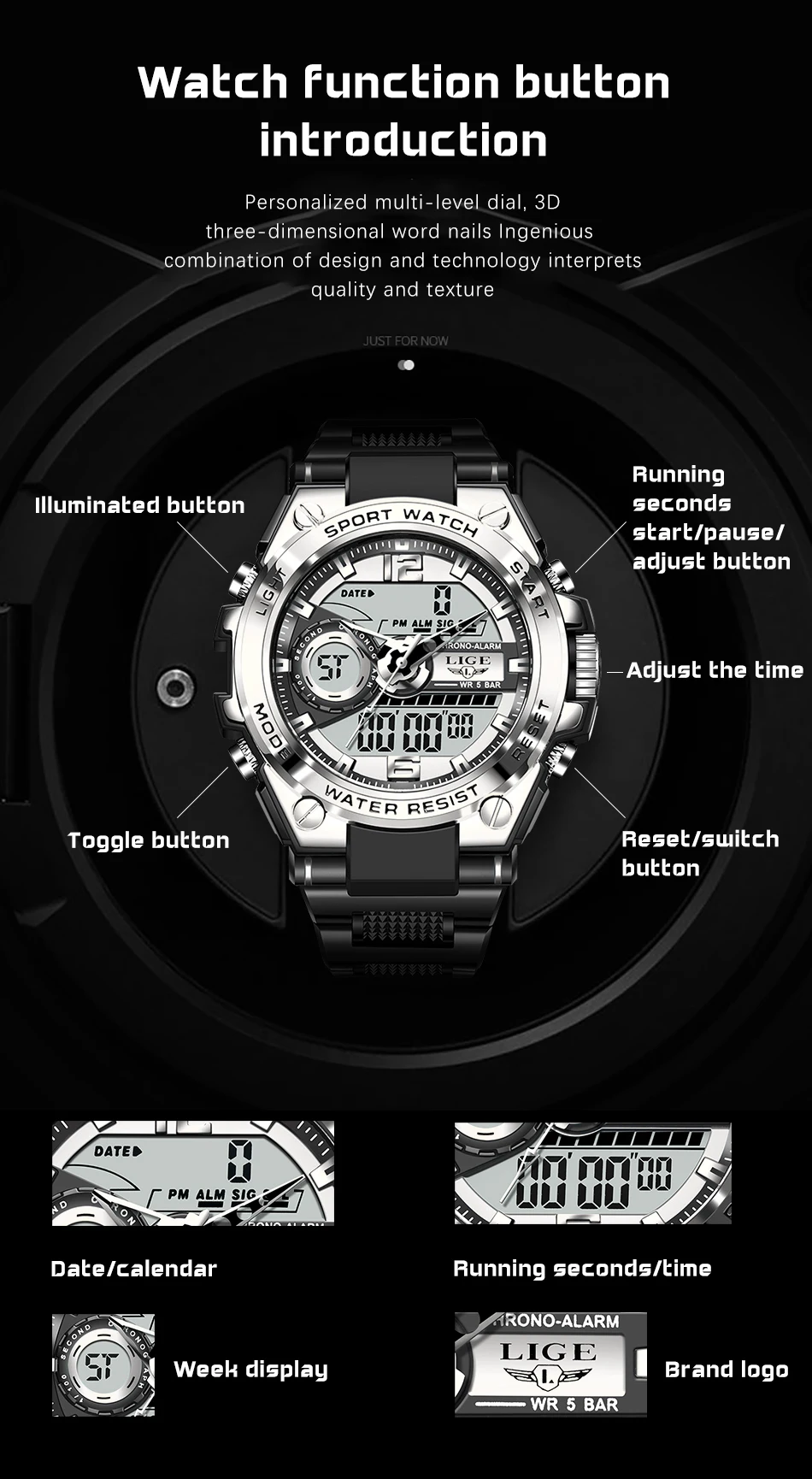 LIGE Men Military Watch Digital 50m Waterproof Wristwatch LED Quartz Clock Sport Watch Male Big Watches Men Relogios Masculino