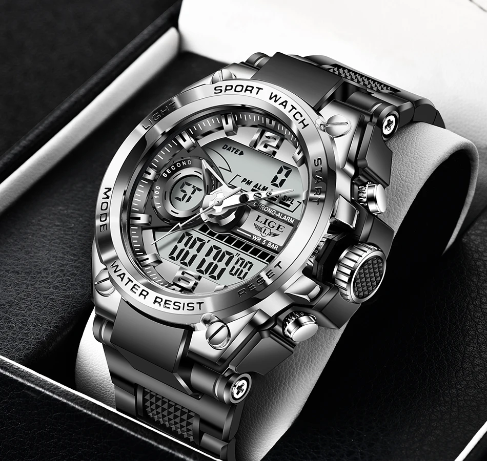 LIGE Men Military Watch Digital 50m Waterproof Wristwatch LED Quartz Clock Sport Watch Male Big Watches Men Relogios Masculino