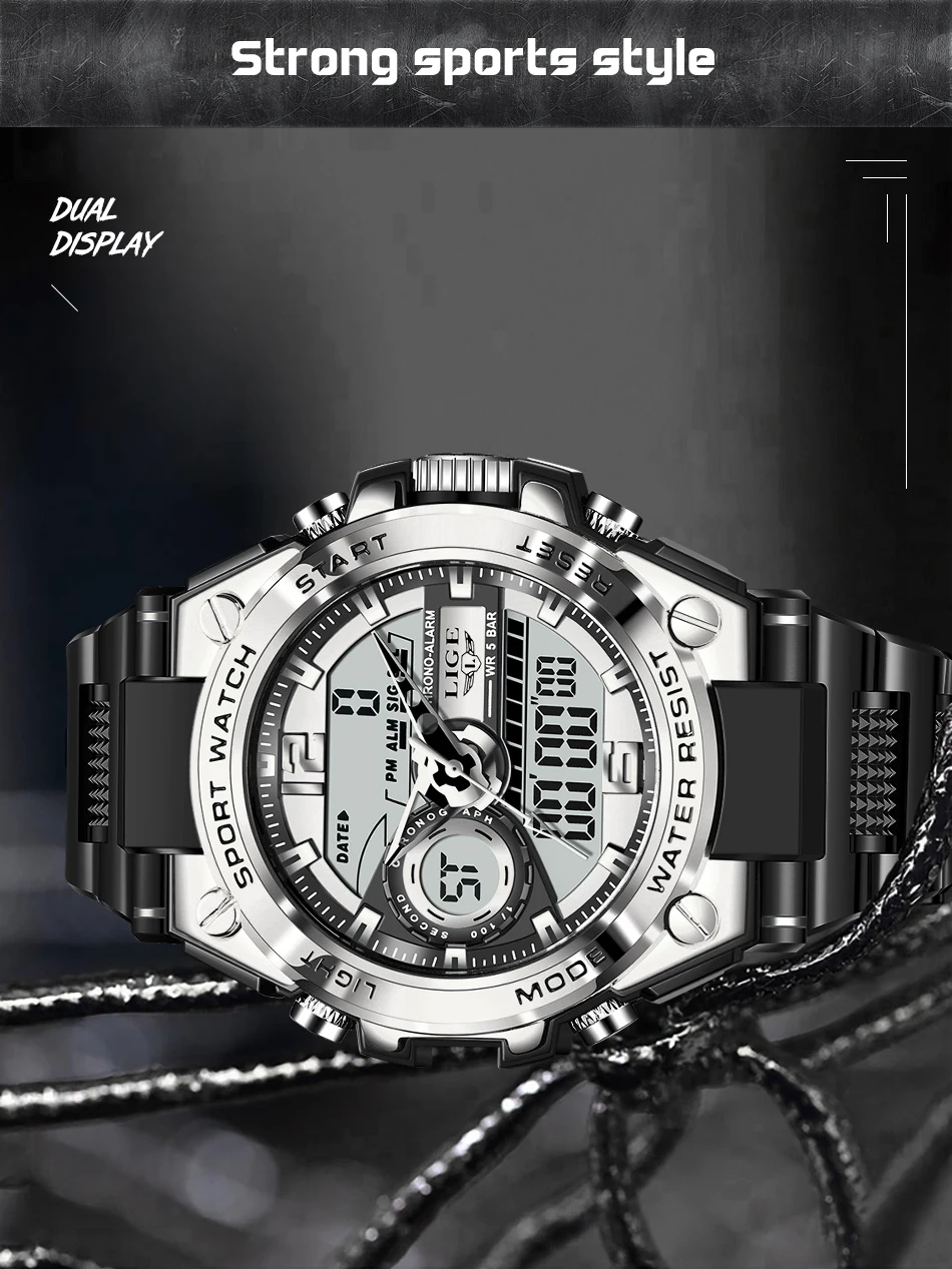 LIGE Men Military Watch Digital 50m Waterproof Wristwatch LED Quartz Clock Sport Watch Male Big Watches Men Relogios Masculino