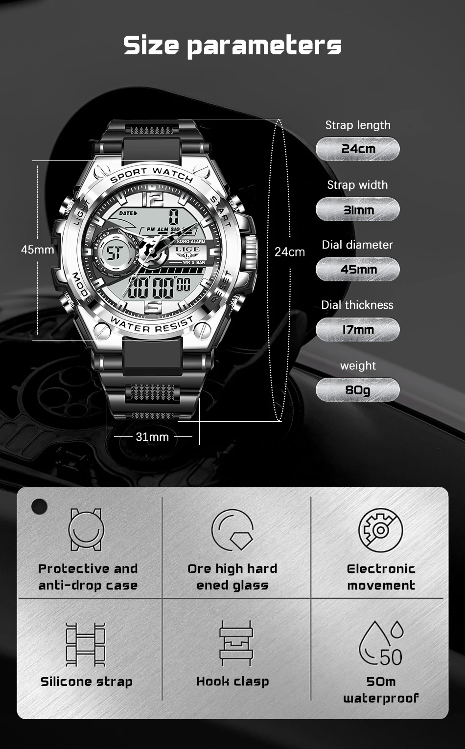 LIGE Men Military Watch Digital 50m Waterproof Wristwatch LED Quartz Clock Sport Watch Male Big Watches Men Relogios Masculino