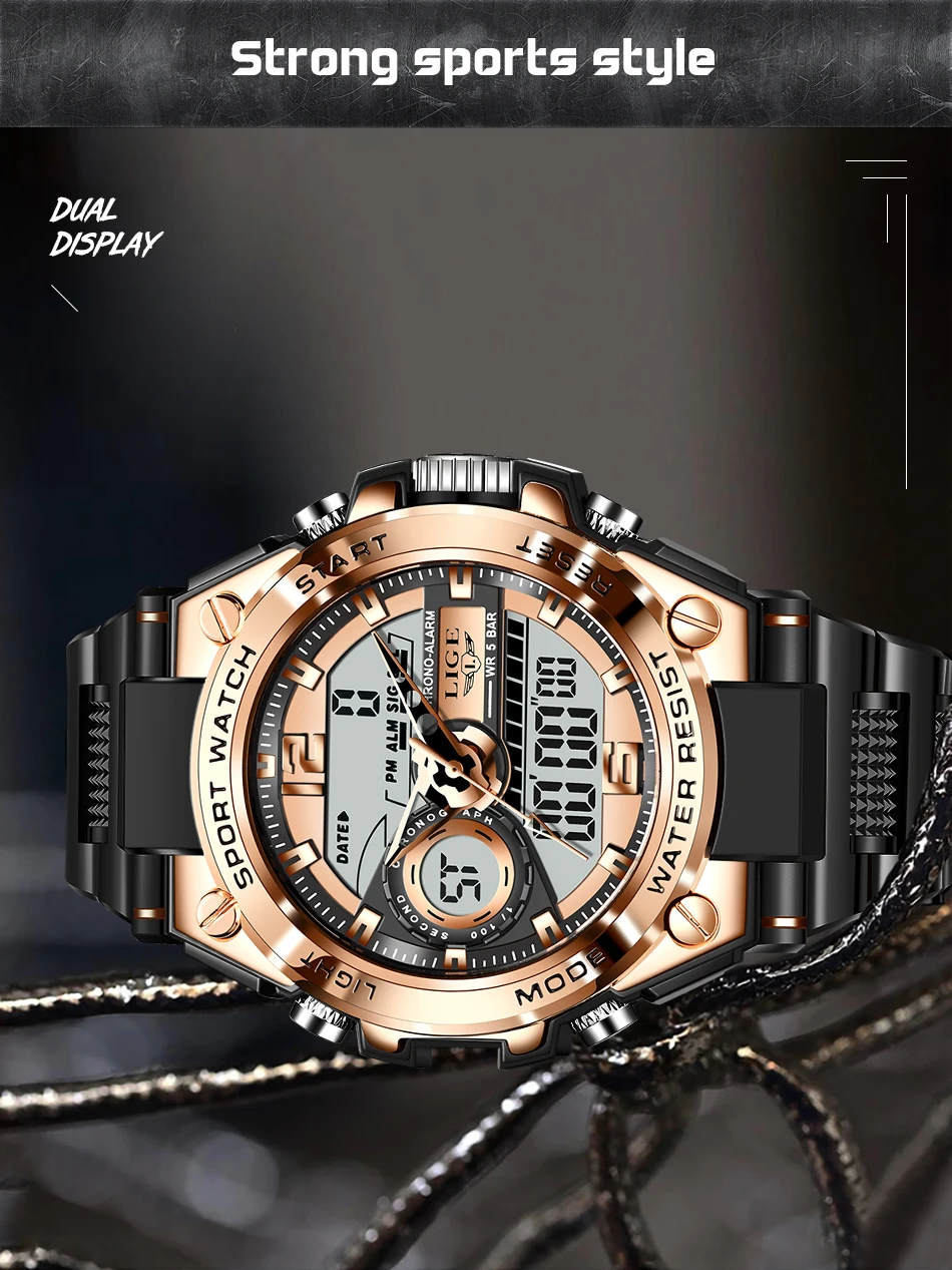 LIGE Men Military Watch Digital 50m Waterproof Wristwatch LED Quartz Clock Sport Watch Male Big Watches Men Relogios Masculino