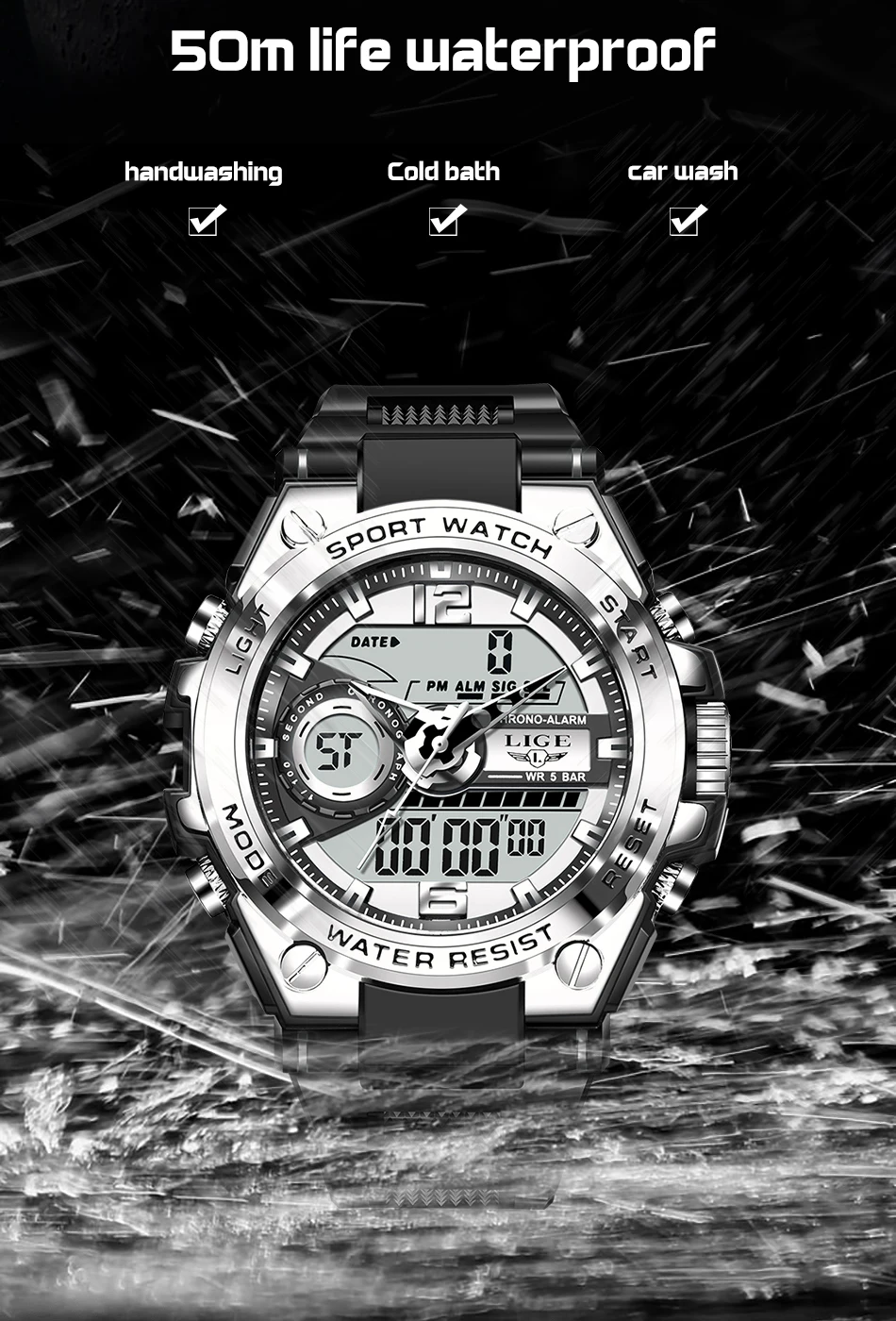 LIGE Men Military Watch Digital 50m Waterproof Wristwatch LED Quartz Clock Sport Watch Male Big Watches Men Relogios Masculino