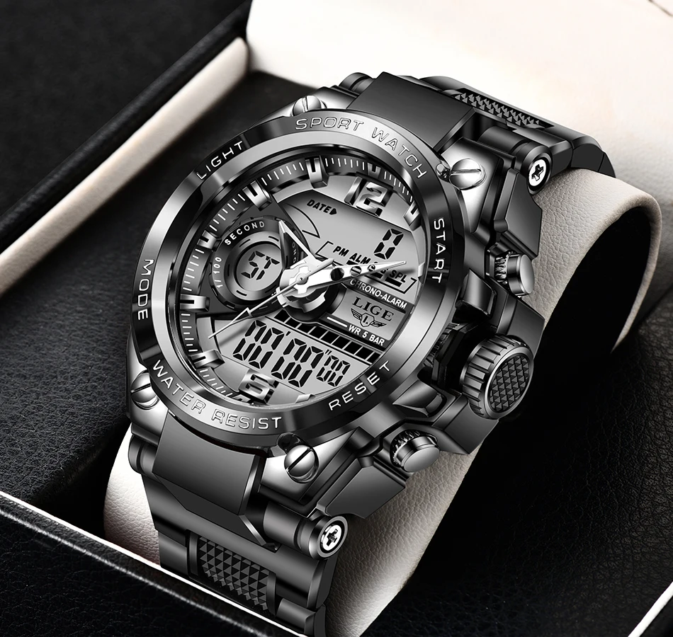 LIGE Men Military Watch Digital 50m Waterproof Wristwatch LED Quartz Clock Sport Watch Male Big Watches Men Relogios Masculino