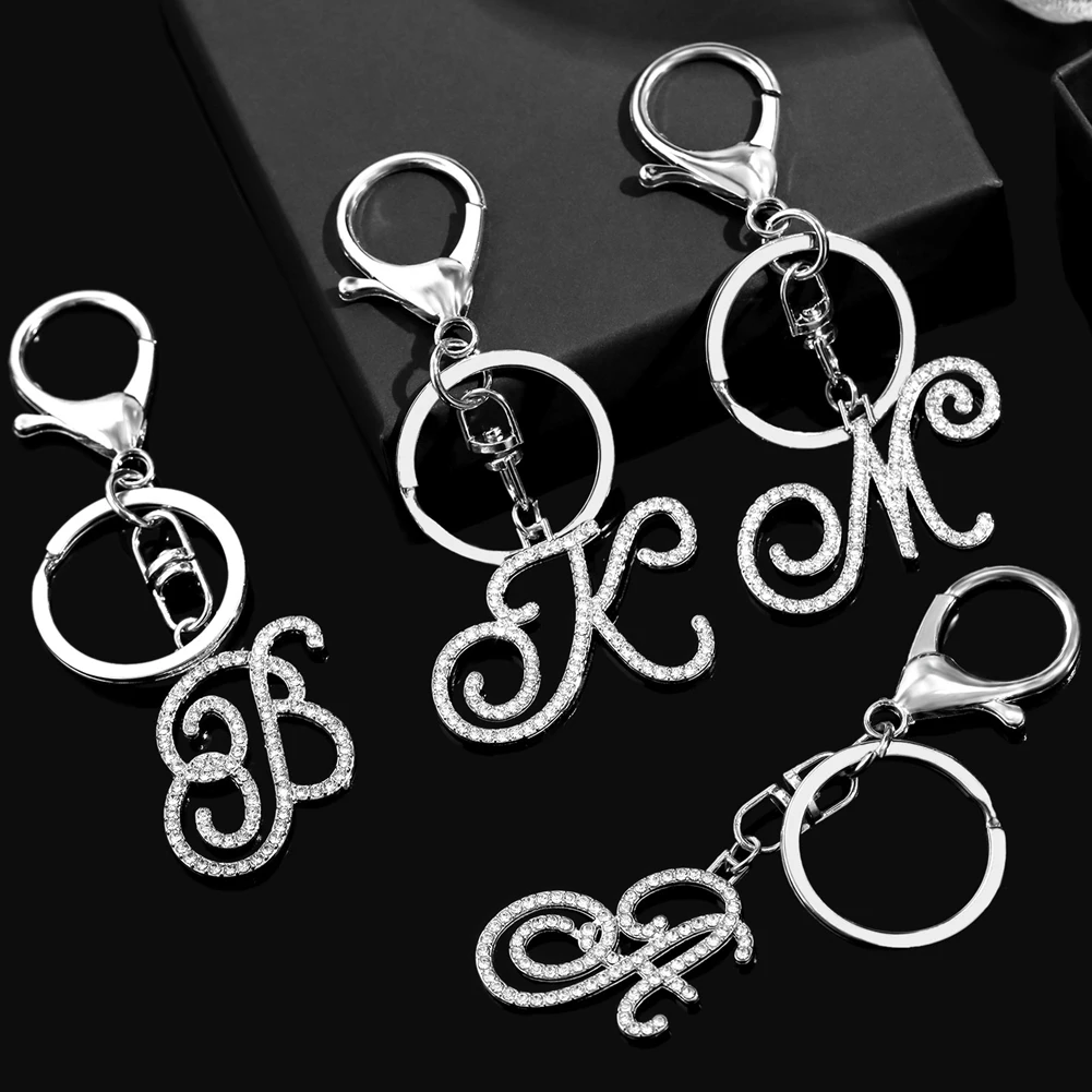 Trendy 26 Initials Crystal Cursive Letter Keychains Silver Color Alloy A-Z Letters Key Chains Rings Alphabet Keychain Charms