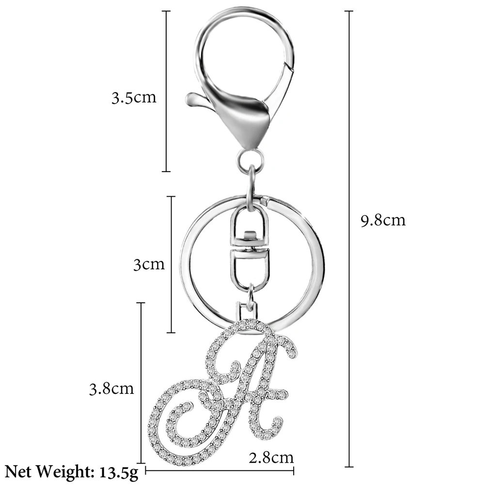 Trendy 26 Initials Crystal Cursive Letter Keychains Silver Color Alloy A-Z Letters Key Chains Rings Alphabet Keychain Charms