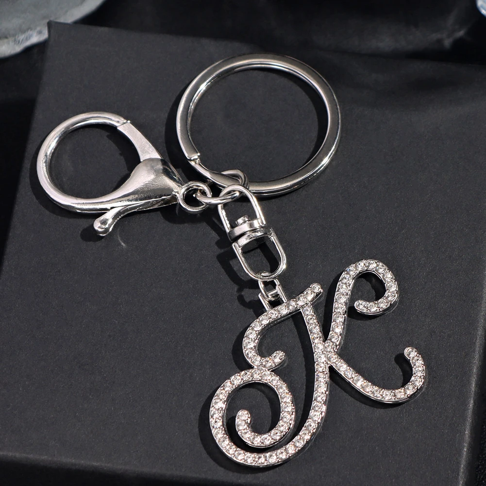 Trendy 26 Initials Crystal Cursive Letter Keychains Silver Color Alloy A-Z Letters Key Chains Rings Alphabet Keychain Charms