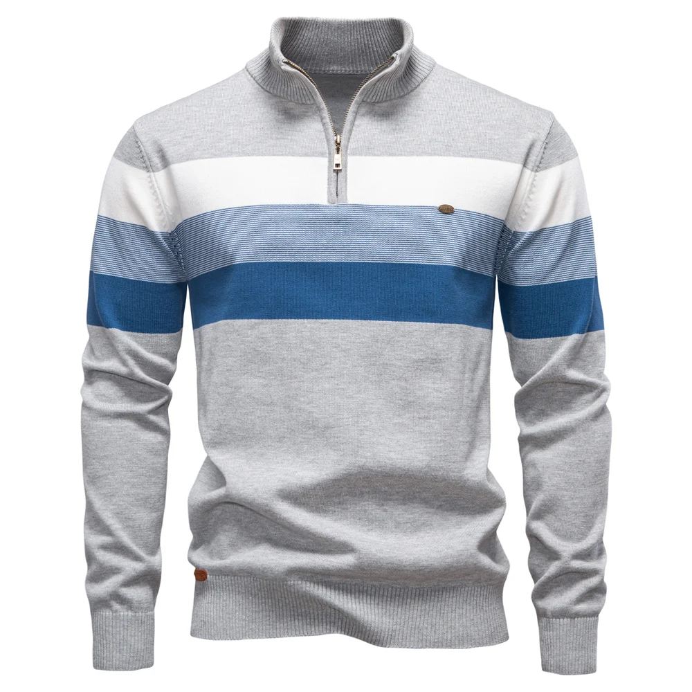 AIOPESON Men's Patchwork Pullover Sweater Cotton Casual Zipper Mock Neck Sweater for Men New Winter Fashion Warm Sweater for Men