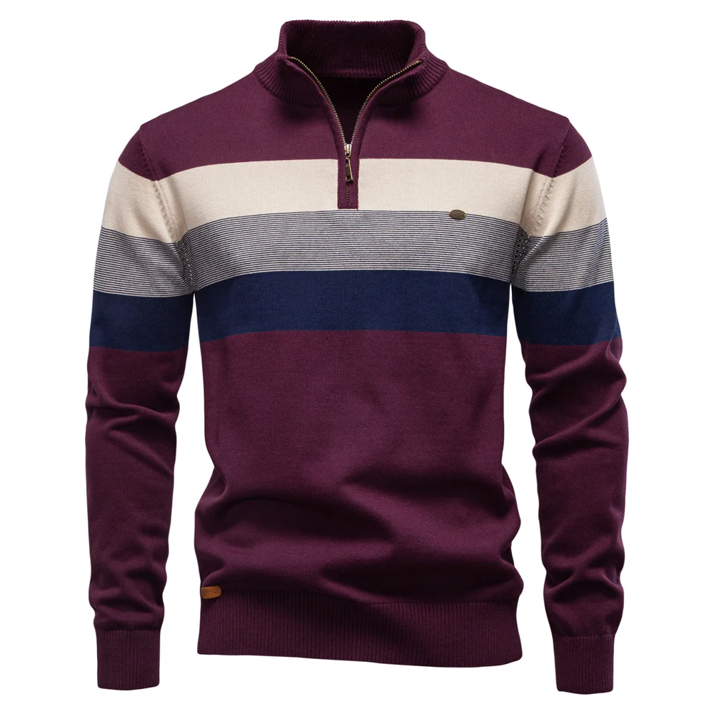 AIOPESON Men's Patchwork Pullover Sweater Cotton Casual Zipper Mock Neck Sweater for Men New Winter Fashion Warm Sweater for Men