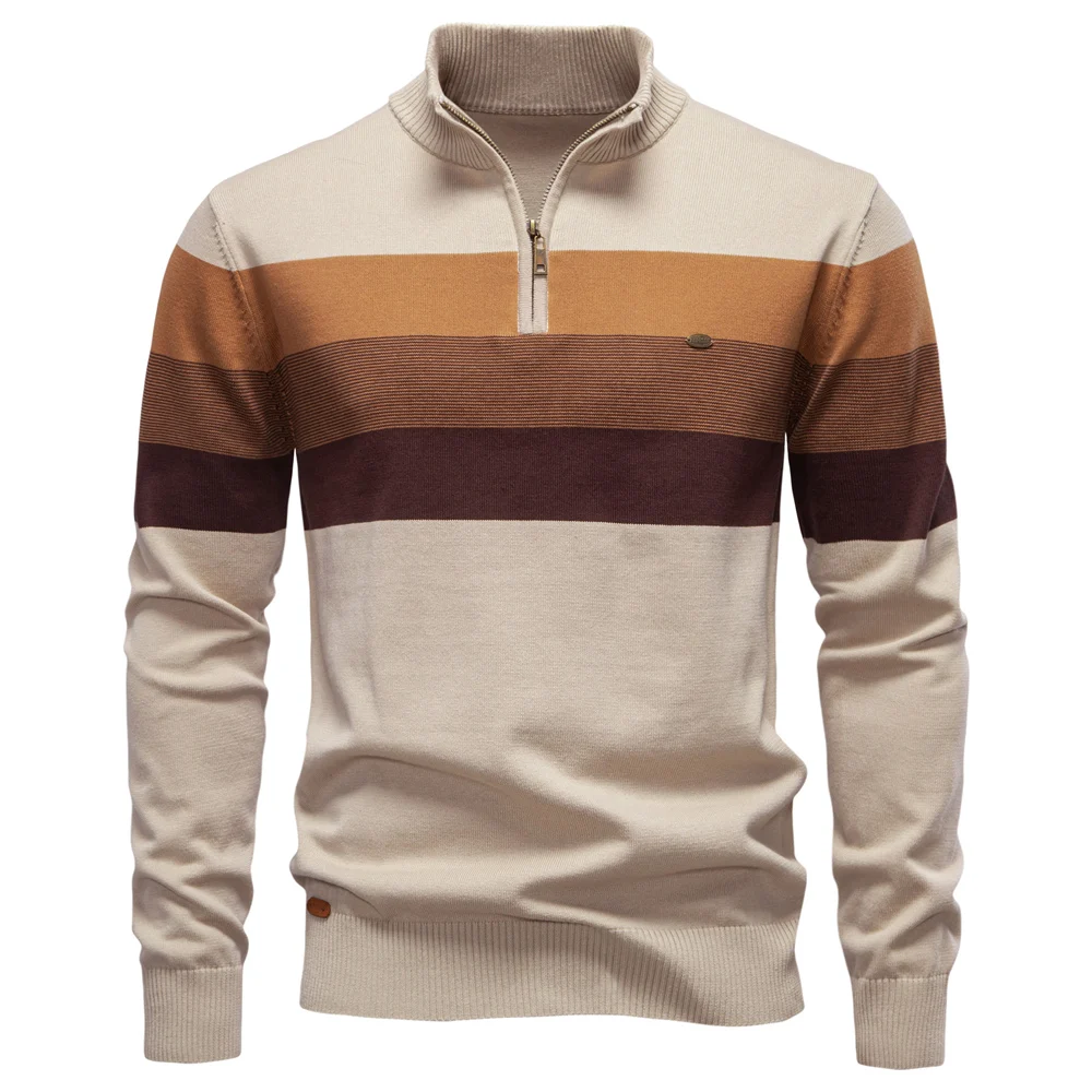 AIOPESON Men's Patchwork Pullover Sweater Cotton Casual Zipper Mock Neck Sweater for Men New Winter Fashion Warm Sweater for Men