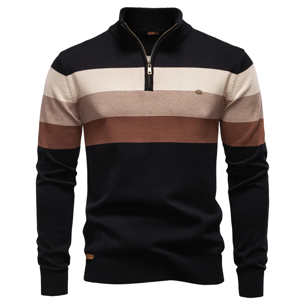 AIOPESON Men's Patchwork Pullover Sweater Cotton Casual Zipper Mock Neck Sweater for Men New Winter Fashion Warm Sweater for Men