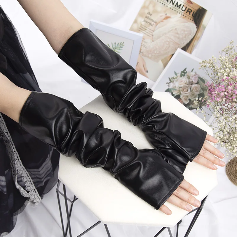 2022 New Black Punk Gothic Sexy Long PU Leather Fingerless Gloves for Women Rock Gloves Hip Pop Mittens Clubwear Dance Cosplay
