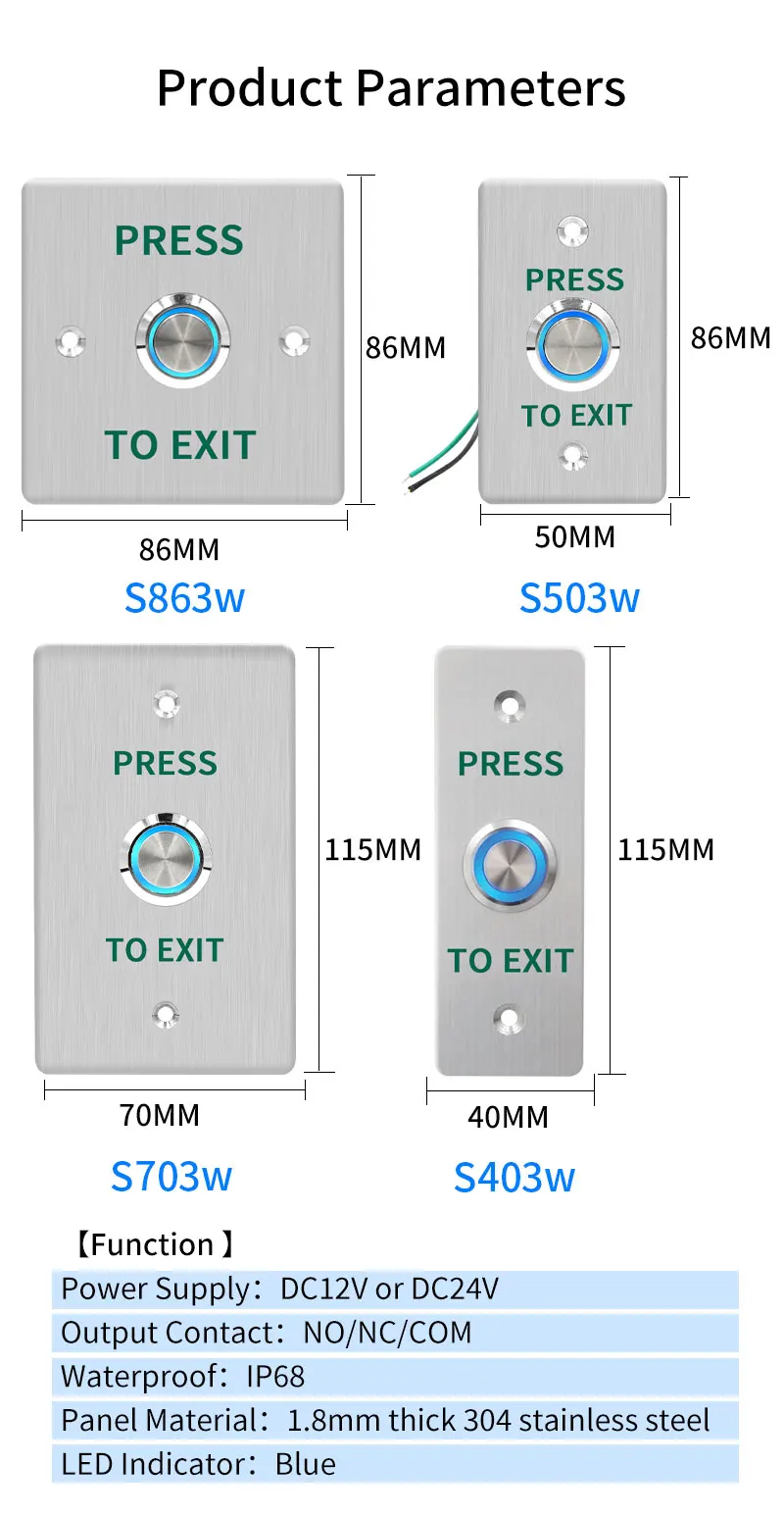 Waterproof Outdoor Exit Button LED Backlight and Non Luminous Optional COM NC Door Release Switch for Access Control Entrance SE