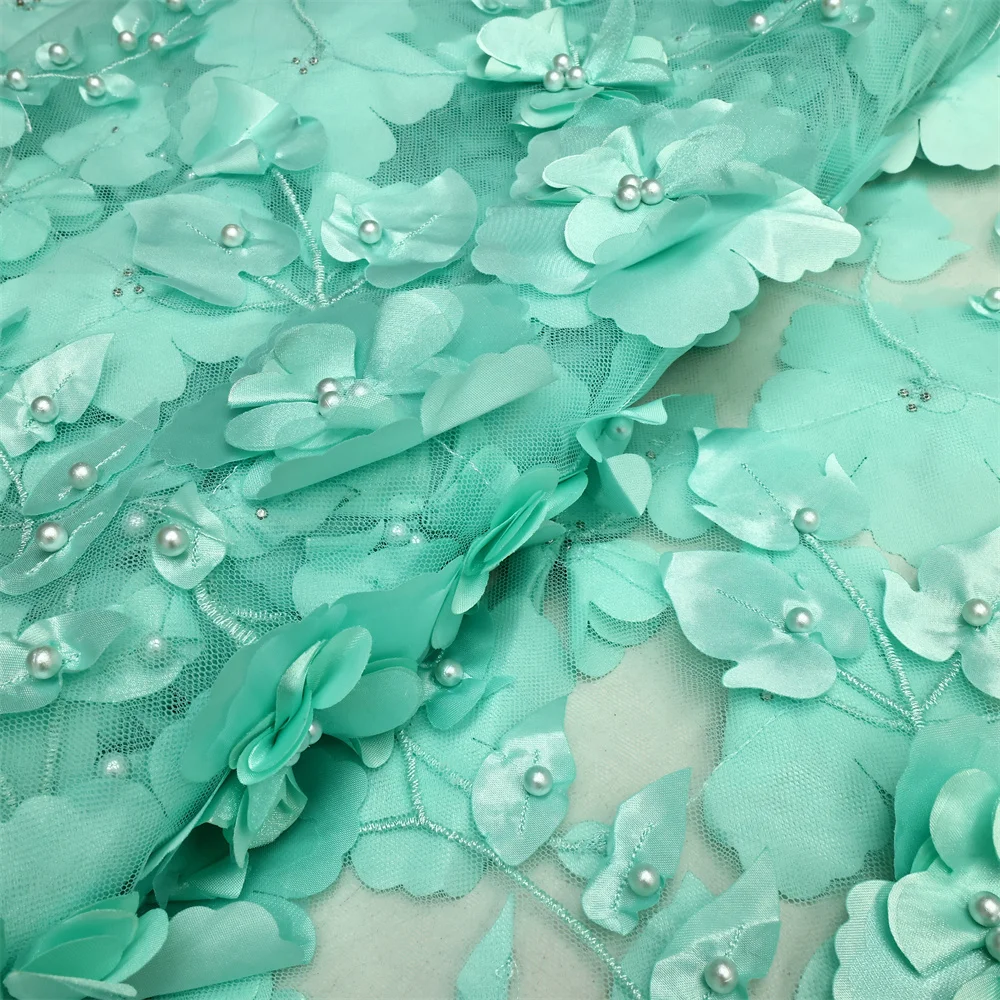 2026 Blue 3D Flower Lace Fabric With Pearls High Quality French Embroidery Tulle African Fabric For Wedding Party Dress Sewing