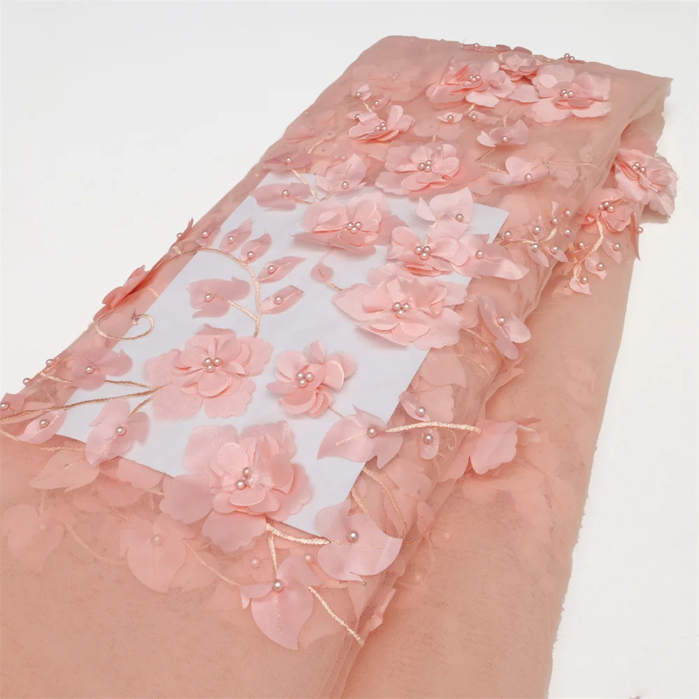 2026 Blue 3D Flower Lace Fabric With Pearls High Quality French Embroidery Tulle African Fabric For Wedding Party Dress Sewing