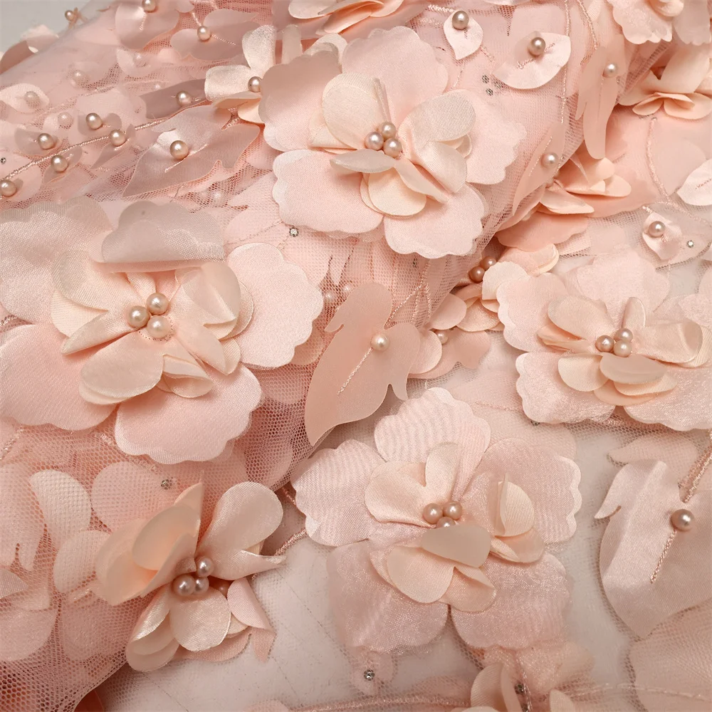 2026 Blue 3D Flower Lace Fabric With Pearls High Quality French Embroidery Tulle African Fabric For Wedding Party Dress Sewing
