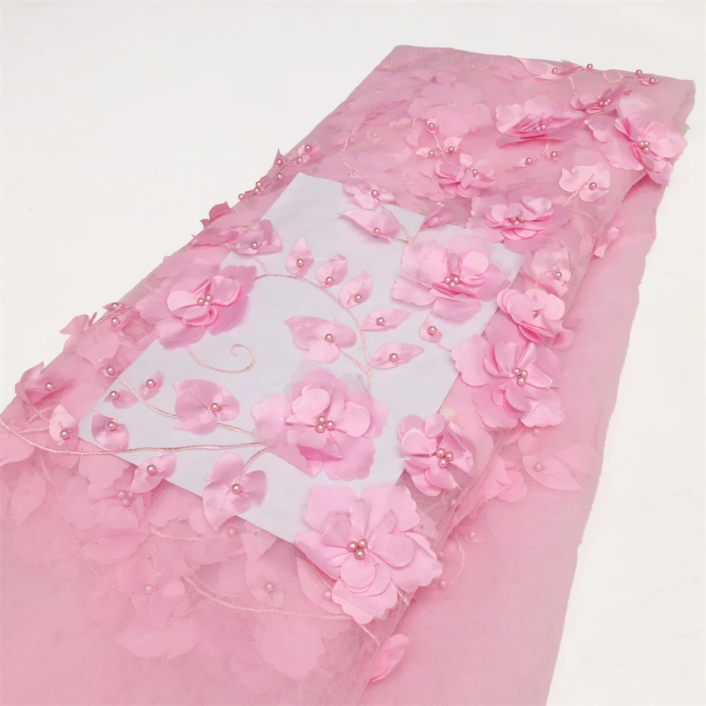 2026 Blue 3D Flower Lace Fabric With Pearls High Quality French Embroidery Tulle African Fabric For Wedding Party Dress Sewing