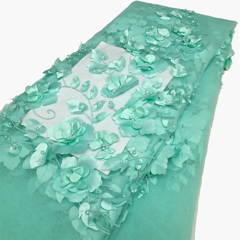 2026 Blue 3D Flower Lace Fabric With Pearls High Quality French Embroidery Tulle African Fabric For Wedding Party Dress Sewing