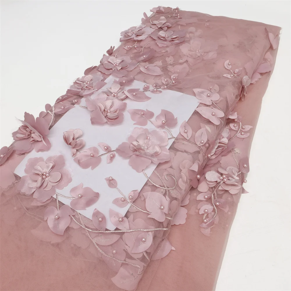 2026 Blue 3D Flower Lace Fabric With Pearls High Quality French Embroidery Tulle African Fabric For Wedding Party Dress Sewing
