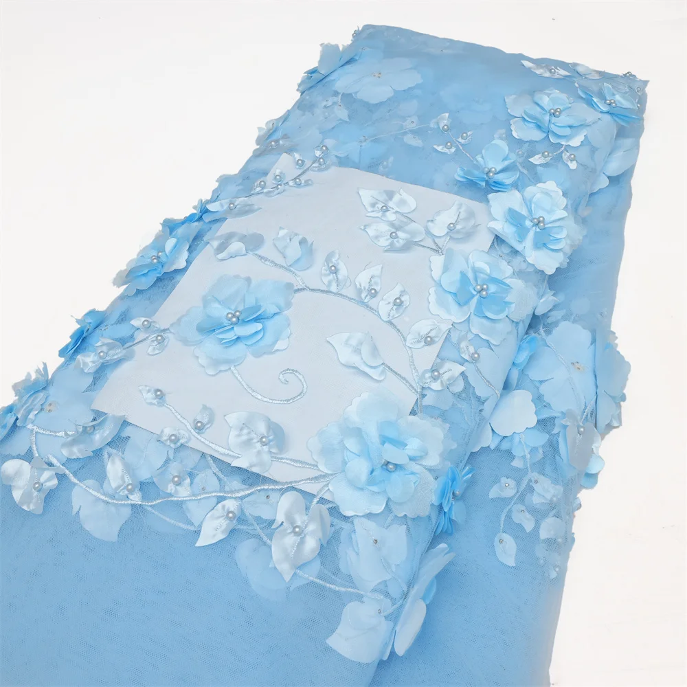 2026 Blue 3D Flower Lace Fabric With Pearls High Quality French Embroidery Tulle African Fabric For Wedding Party Dress Sewing