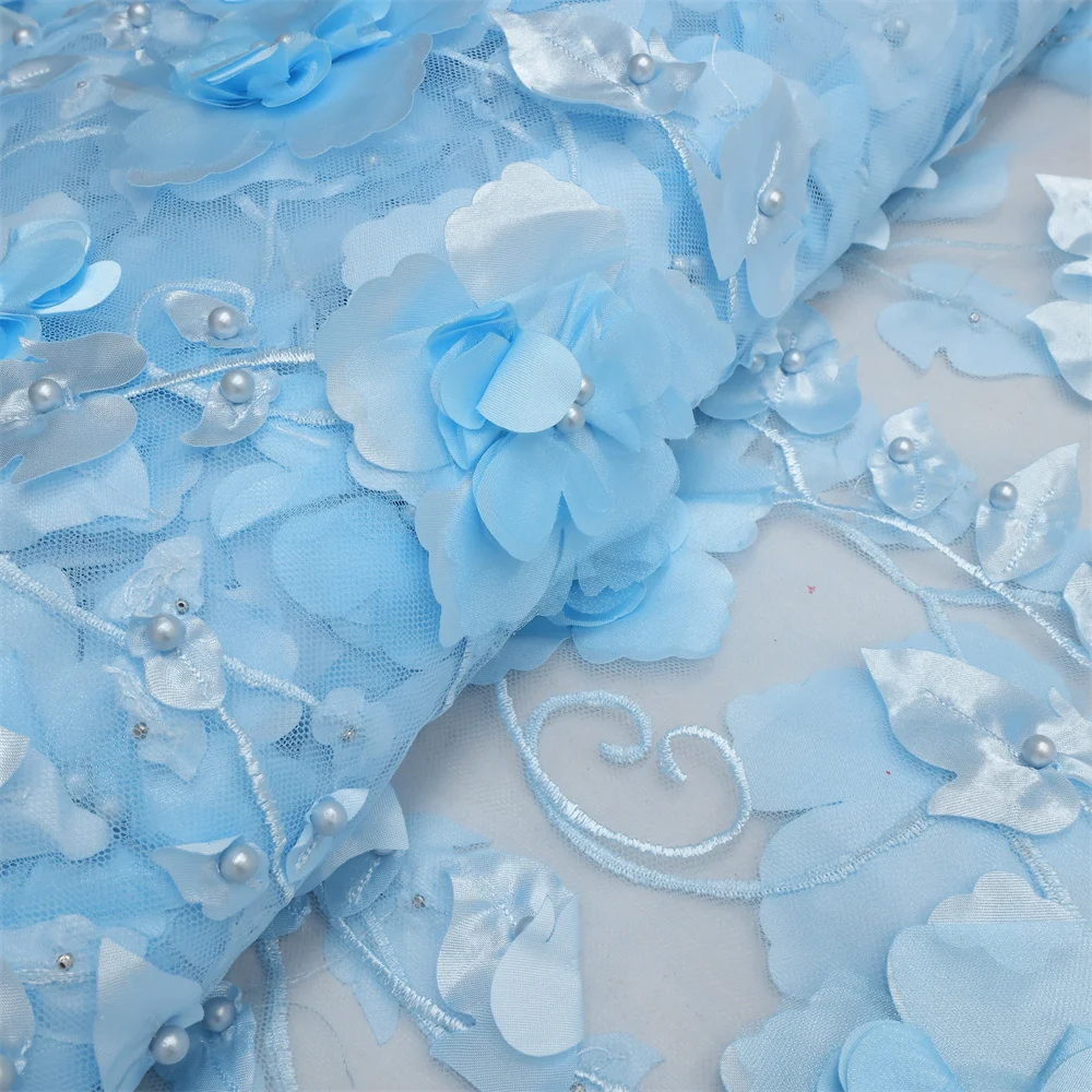2026 Blue 3D Flower Lace Fabric With Pearls High Quality French Embroidery Tulle African Fabric For Wedding Party Dress Sewing
