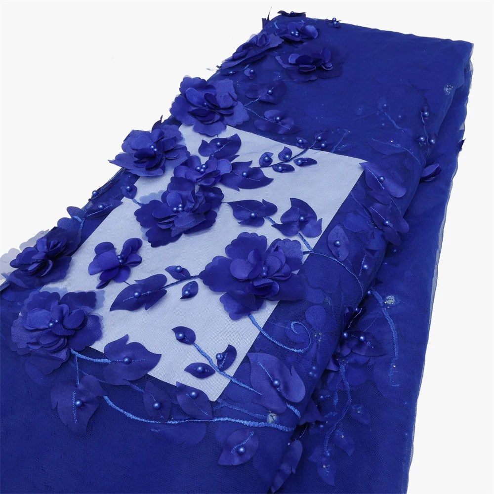 2026 Blue 3D Flower Lace Fabric With Pearls High Quality French Embroidery Tulle African Fabric For Wedding Party Dress Sewing