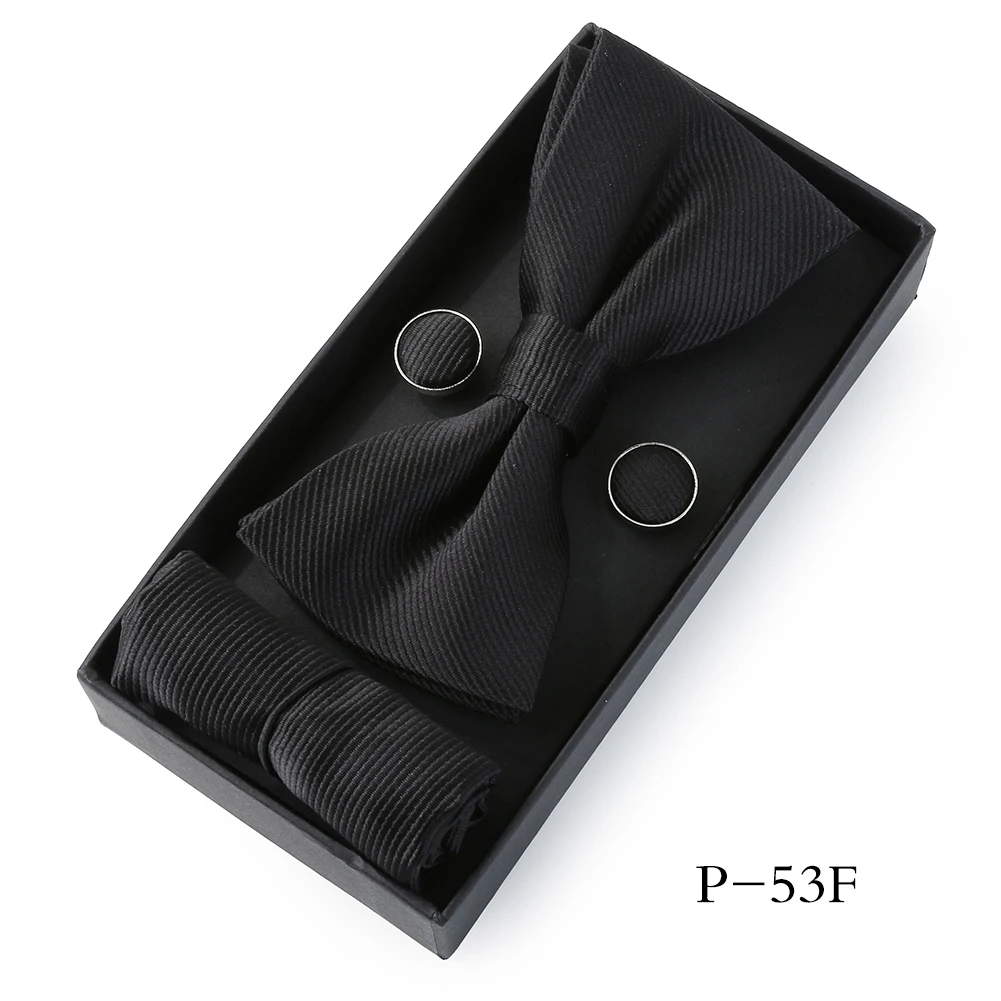 HUISHI Classic Black Bowtie Bow Ties For Mens Butterfly Bowknot Pocket Square Cufflinks Suit Set Bussiness Accessories Gift Box