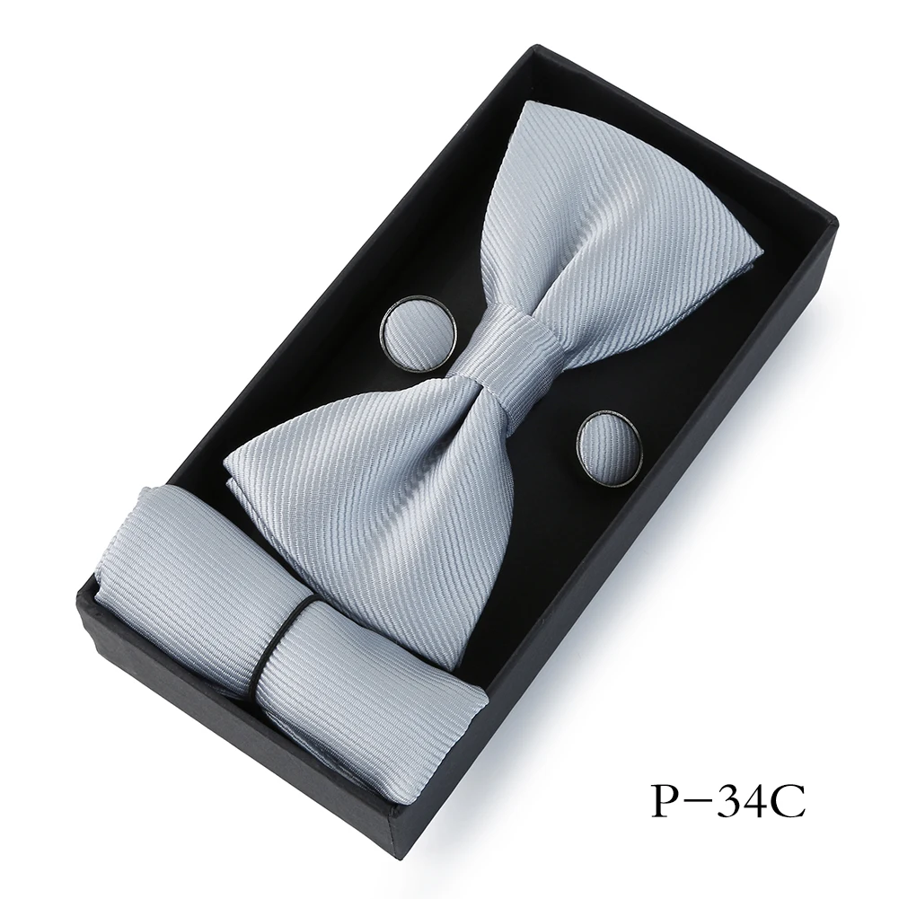 HUISHI Classic Black Bowtie Bow Ties For Mens Butterfly Bowknot Pocket Square Cufflinks Suit Set Bussiness Accessories Gift Box